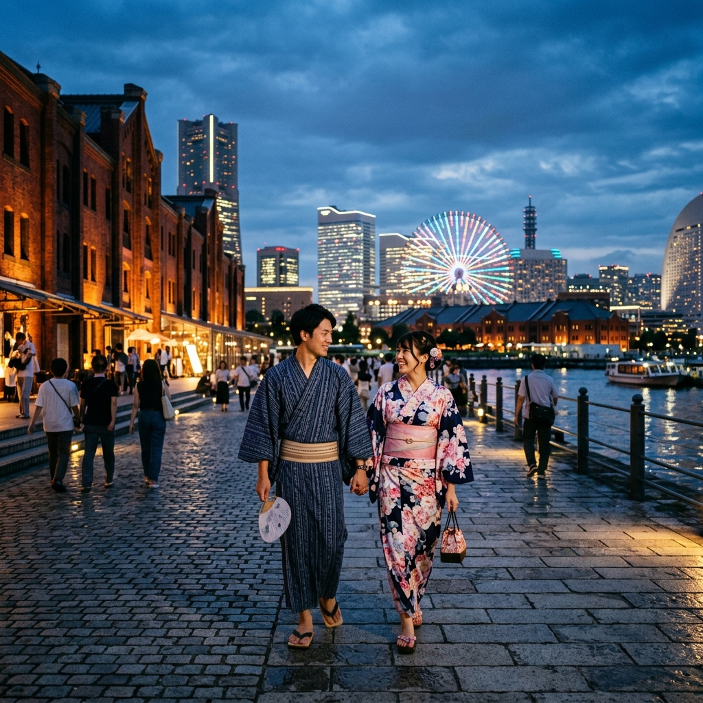 横浜みなとみらいの観覧車やレトロな赤レンガ倉庫を背景に浴衣姿で歩くカップルの様子 ofイメージ