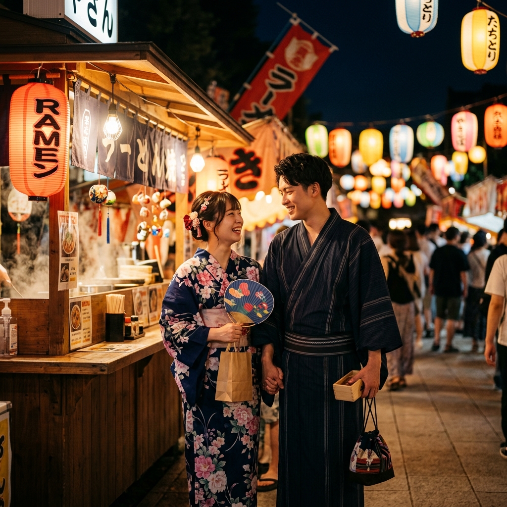 夏の夜祭りで屋台の明かりに照らされながら楽しそうに微笑み合うカップルのイラスト