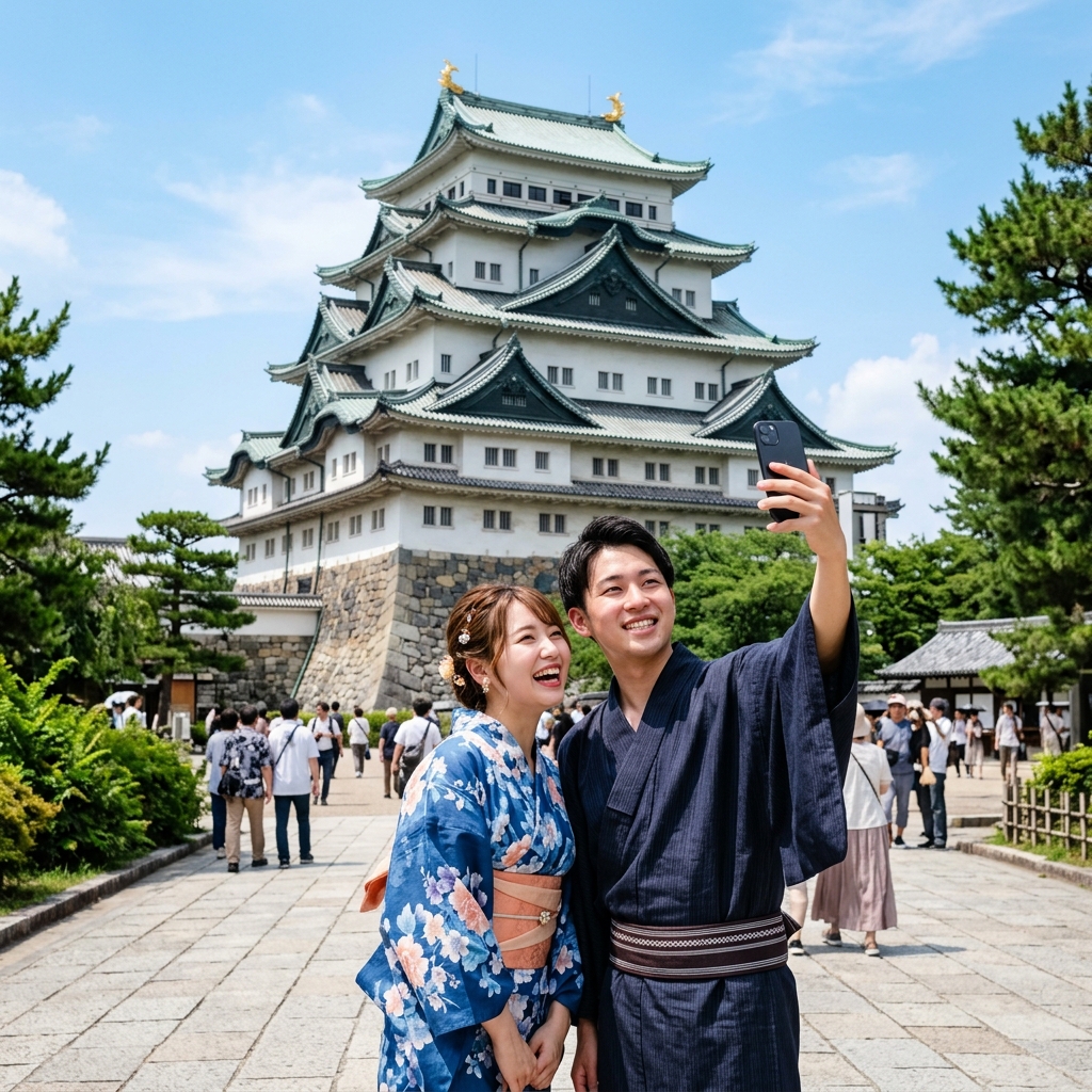 浴衣姿で歴史ある名古屋城の天守閣や近代的なオアシス21をバックに写真撮影を楽しんでいる様子のイラスト