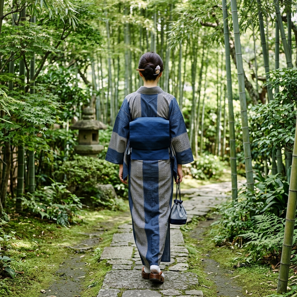 すっきりとした貝の口結びを後ろで締めた大人っぽい女性のシックな浴衣姿