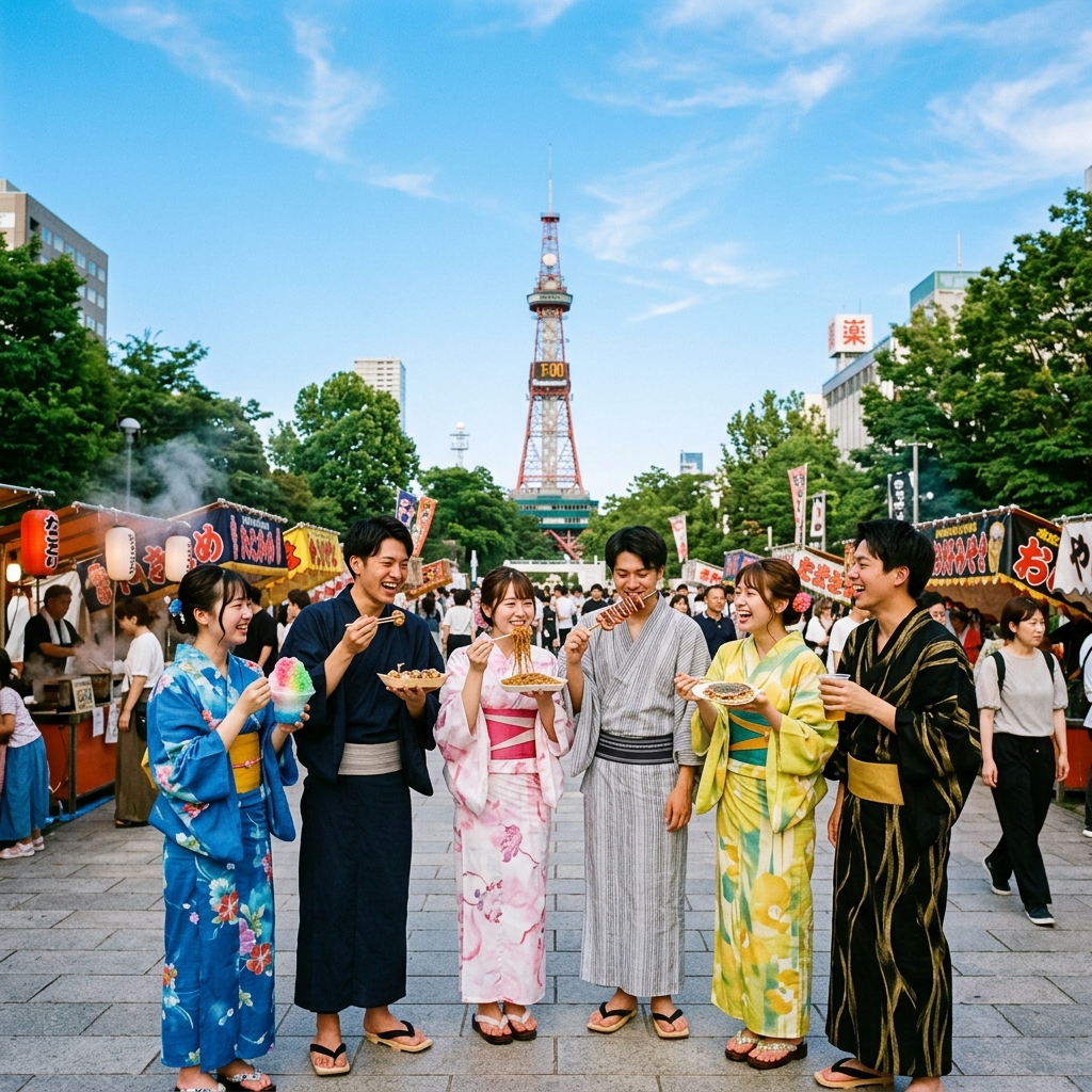 夏の青空のもと、札幌の大通公園のテレビ塔をバックに、浴衣を着て食べ歩きを楽しんでいる笑顔のグループのイラスト