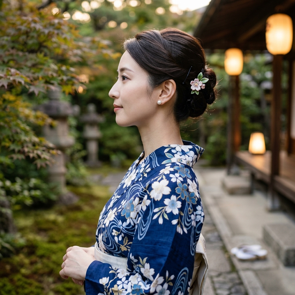 ネックレスをせず、すっきりとした浴衣の襟元と、さりげなく光るパールのピアスを見せている女性 of 横顔イラスト