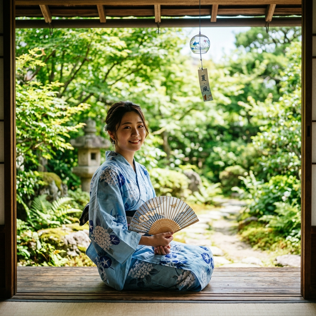 浴衣姿で涼しげに和柄の扇子やうちわを持って休んでいる様子のイラスト