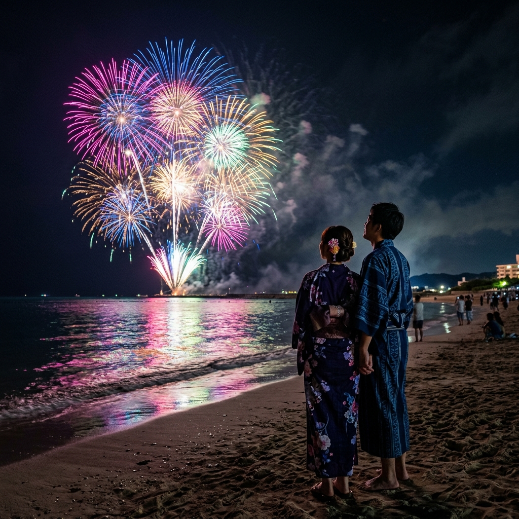 夜のエメラルドビーチで, 海上に打ち上がる大輪のカラフルな花火を, 浴衣を着たカップルが寄り添って見上げている様子のイラスト