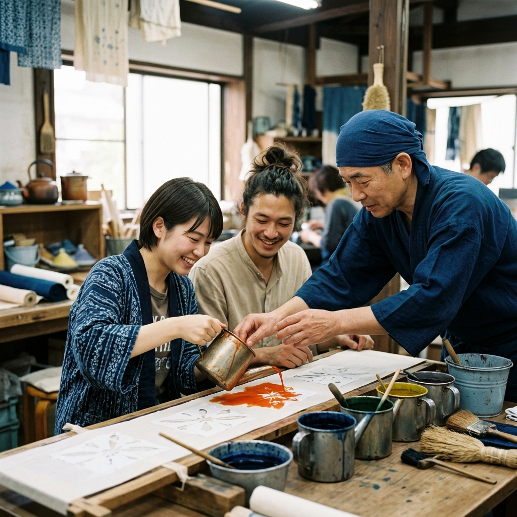 伝統的な工房で職人の温かい指導を受けながら、カラフルな染料を型紙の載った生地に慎重に注ぎ込む楽しそうな体験風景のイラスト