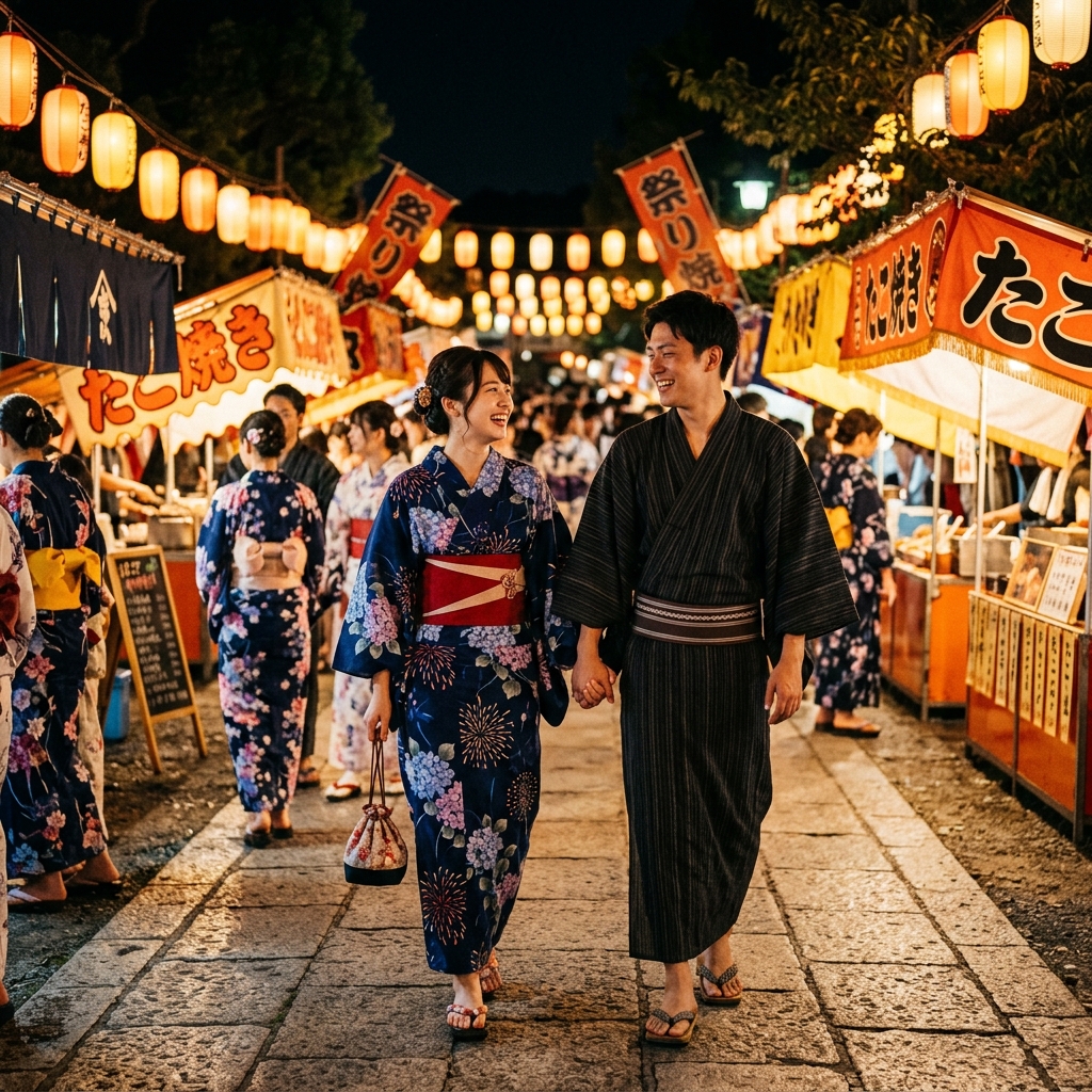 日本の伝統的な夏祭りの会場で、男性がスマートな浴衣姿で女性と一緒に楽しそうに歩いている様子のイラスト