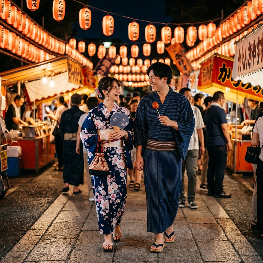 日本の伝統的な夏祭りの会場で、男性がスマートな浴衣姿で女性と一緒に楽しそうに歩いている様子のイラスト