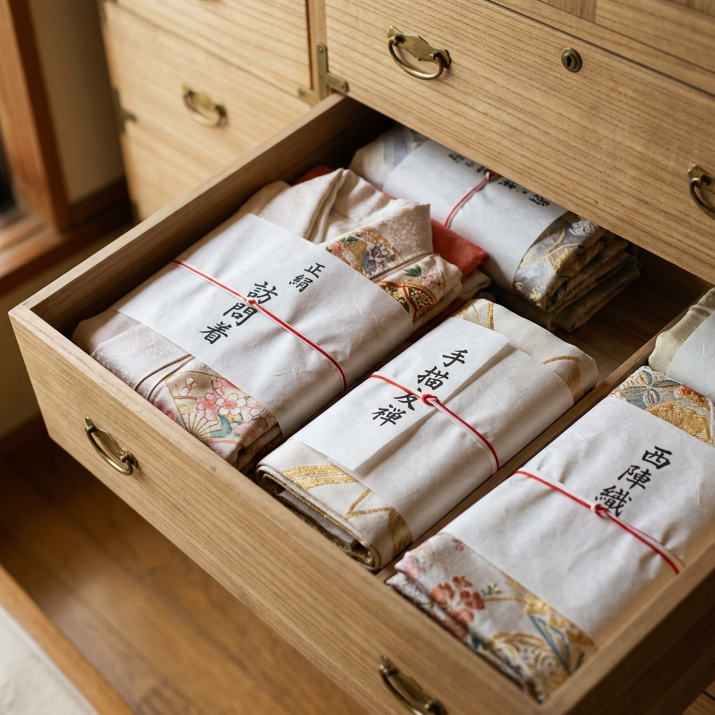 桐たんすなどを用いて着物を丁寧に保管しているイメージ画像