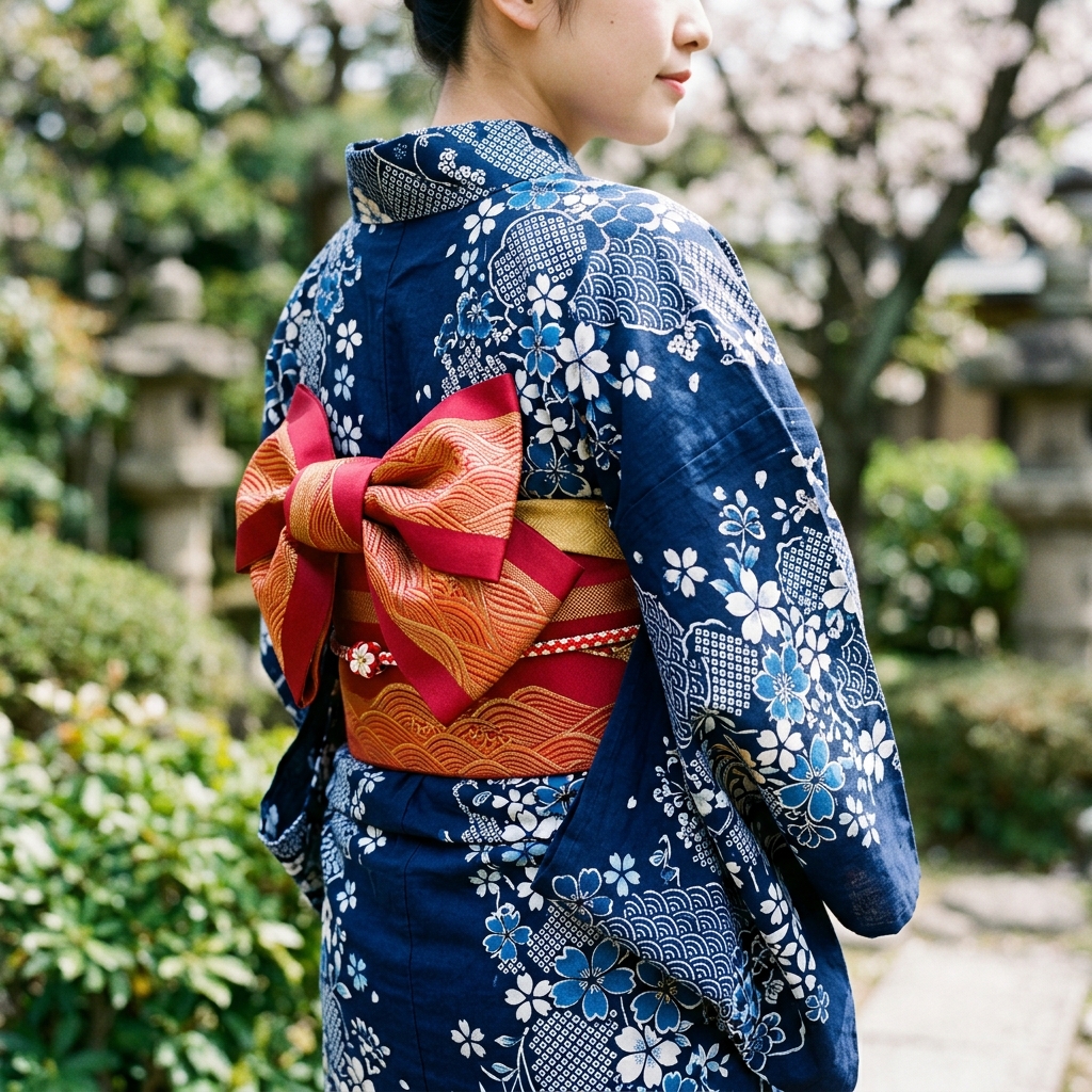 美しい和柄の浴衣に差し色の帯を合わせたコーディネートのアップ写真