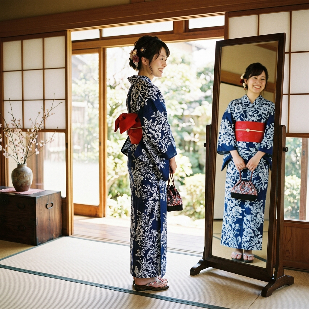 仕立て上がったばかりの浴衣を嬉しそうに羽織って鏡で見ている様子