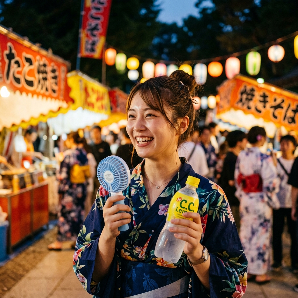 夏の夜祭りで手持ちのハンディファンや冷たい飲み物を持って暑さ対策をする様子のイラスト