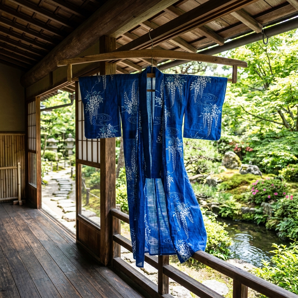 直射日光を避けた風通しの良い日陰で着物ハンガーに掛けられた東レセオα着物が干されているイラスト