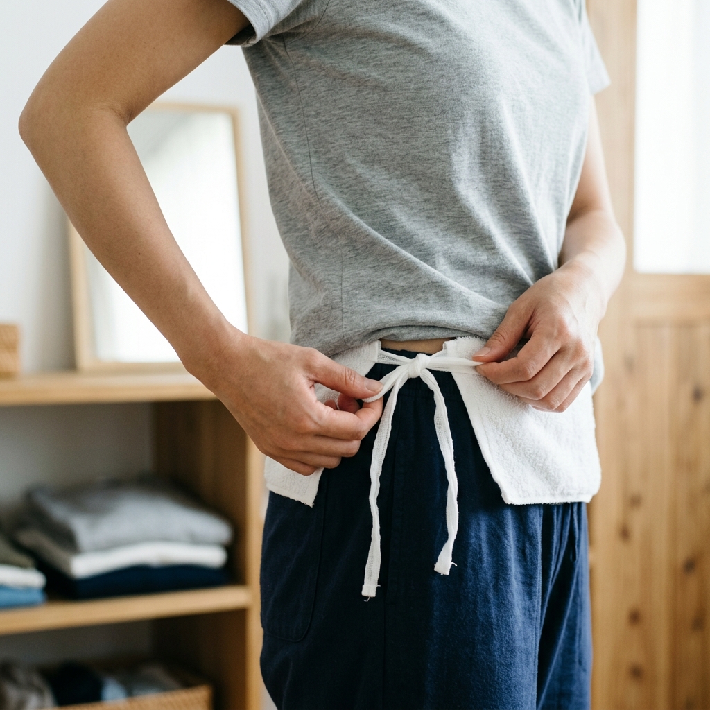 完成した補正タオルを腰に巻きガーゼの紐を脇腹のあたりで結んでいる着付け風景のイラスト