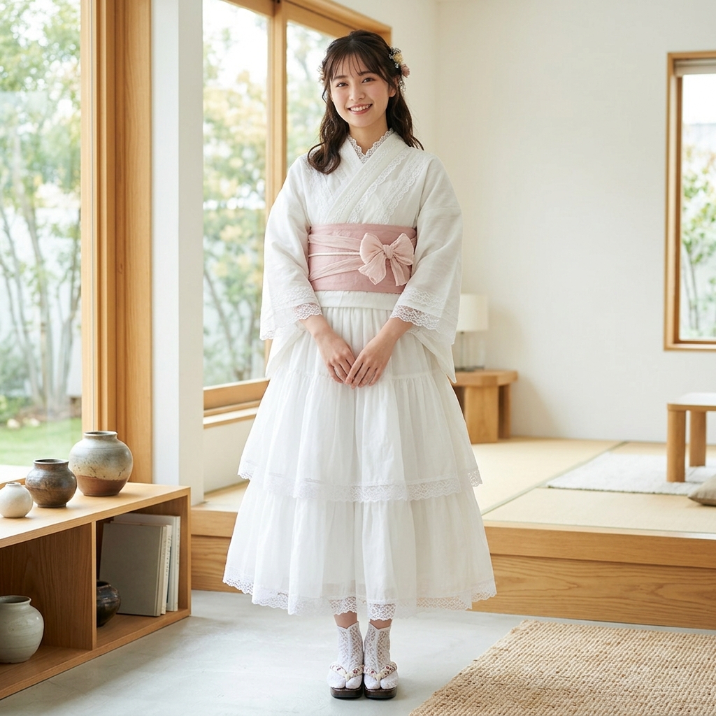 上下セパレートで着付けが簡単な、白いレースがあしらわれた浴衣ドレスの全身カット