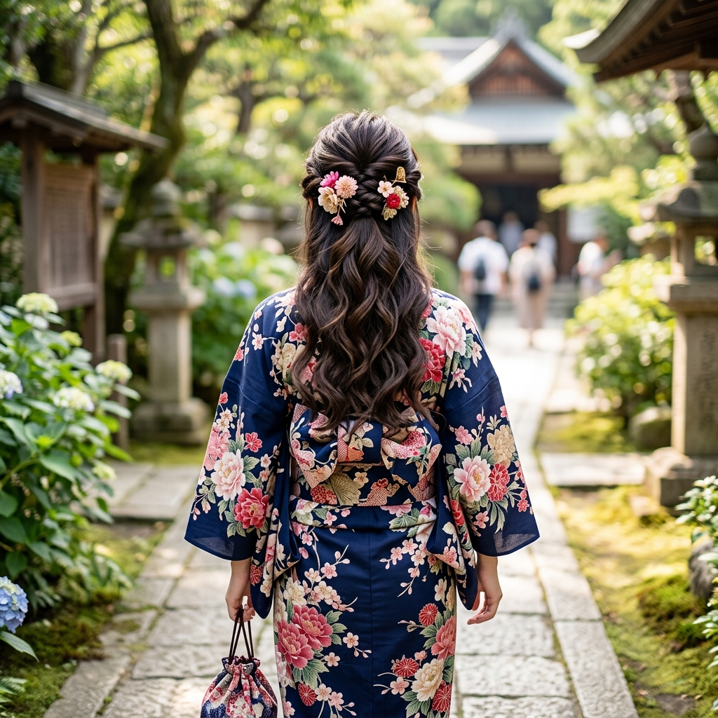 ハーフアップに髪飾りを添えて、清楚でフェミニンな雰囲気に仕上げたロングの浴衣ヘアスタイル