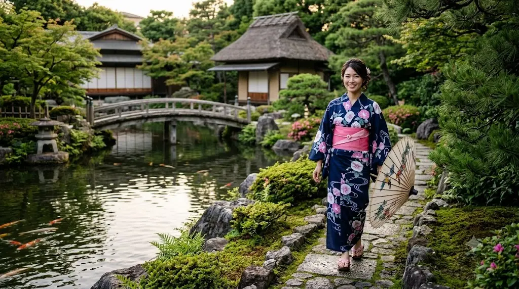 大濠公園の日本庭園で和傘を持って佇むしっとりとした浴衣姿の女性のイラスト