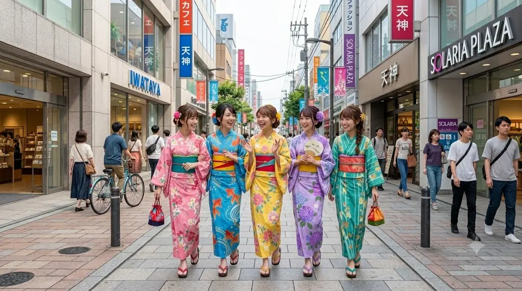 天神西通りの街並みとおしゃれな浴衣姿の女性グループが楽しそうに歩いているイラスト