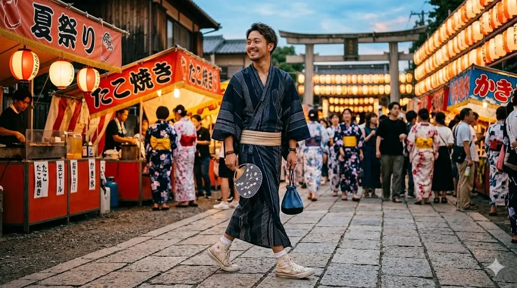 浴衣にスニーカーを合わせて夏祭りの会場を快適に歩いている日本人男性のイラスト