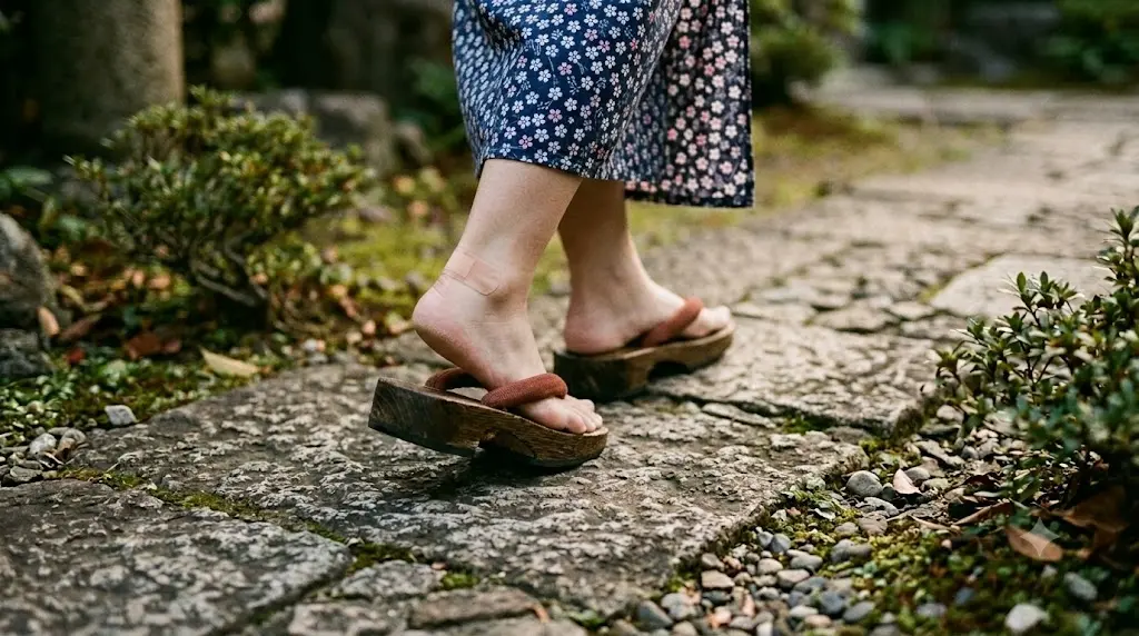 浴衣を着て下駄を履いて歩く足元と予防の絆創膏のイメージ