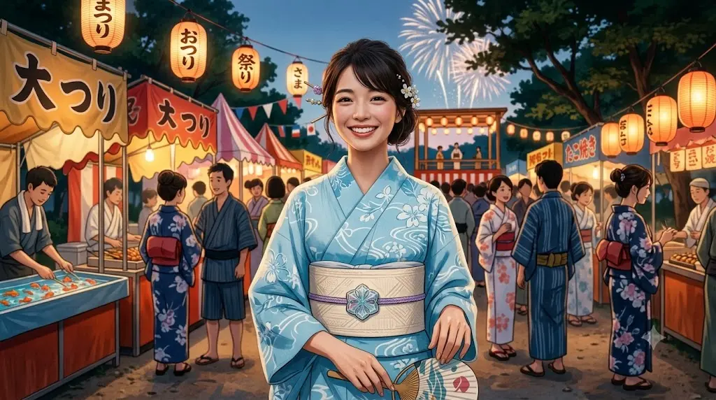 涼しげなシャーベットカラーのアイスブルーの浴衣を着た女性が、透明感のあるガラスの帯留めを見せて微笑んでいるイラスト