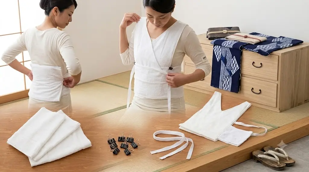 鎖骨の下や胸の谷間に折りたたんだハンドタオルを当てて胸元の凹凸をなだらかにしている解説