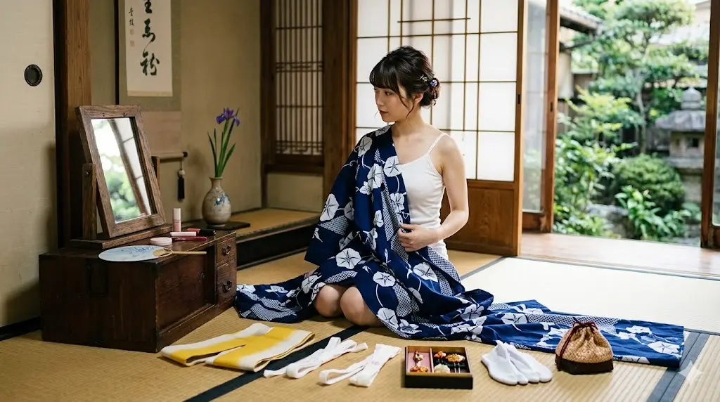 鏡の前で浴衣を着付け、胸元をすっきりと平らに補正している和装ブラ姿の女性 of イラスト