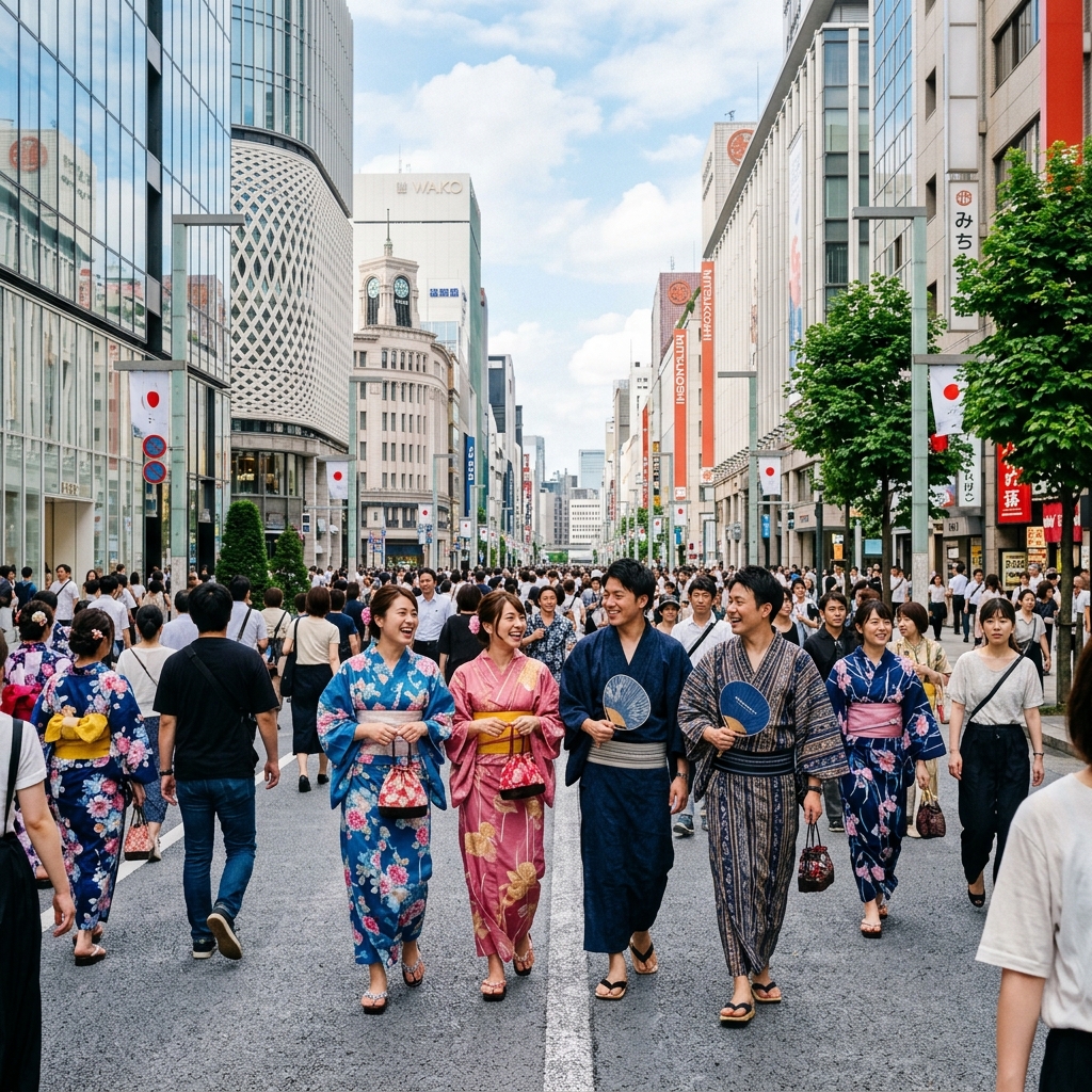 銀座の歩行者天国で浴衣を着て楽しそうに歩く人々のイラスト