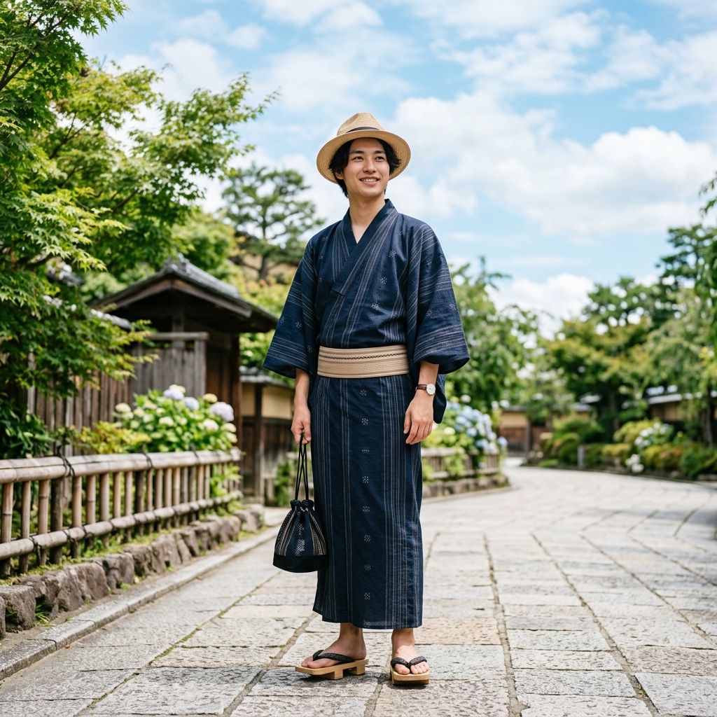爽やかな夏の青空の下で麦わら帽子を被って浴衣を着ている日本人男性のスタイリッシュな全身写真