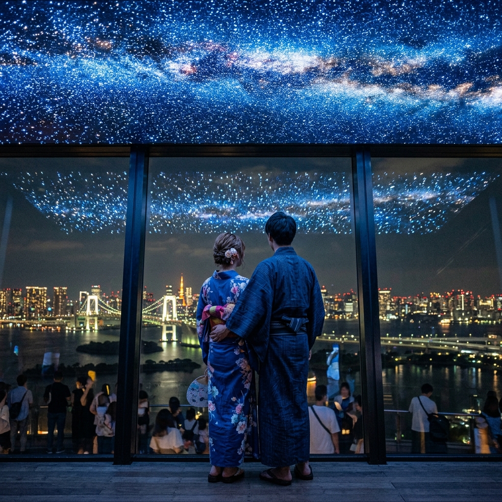 東京タワーのメインデッキ展望台の中で青く輝く無数の天の川イルミネーションをバックに浴衣を着たカップルが夜景を見つめているロマンチックな写真