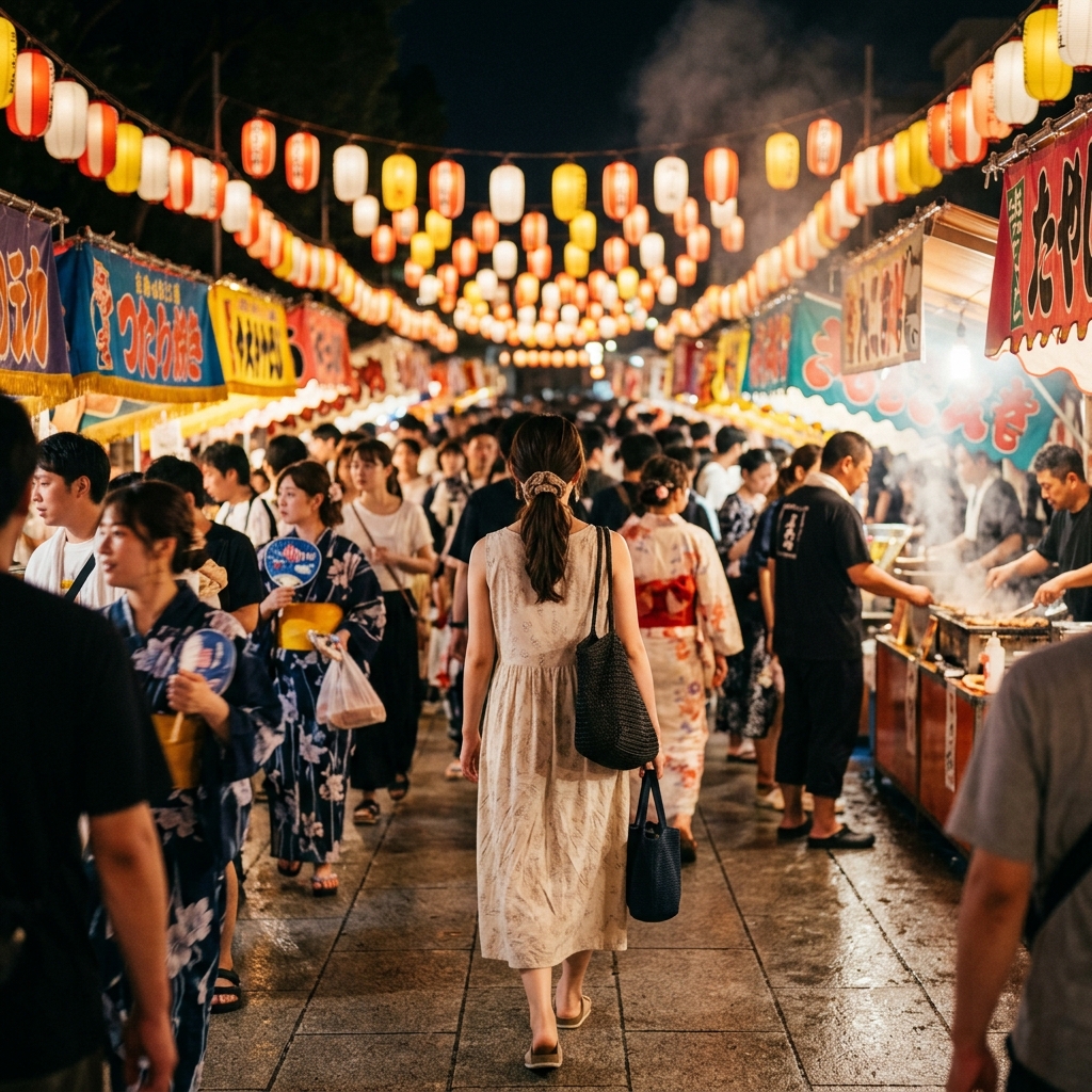 人混みの夏祭りを動きやすい私服ワンピースで歩く女性の後ろ姿