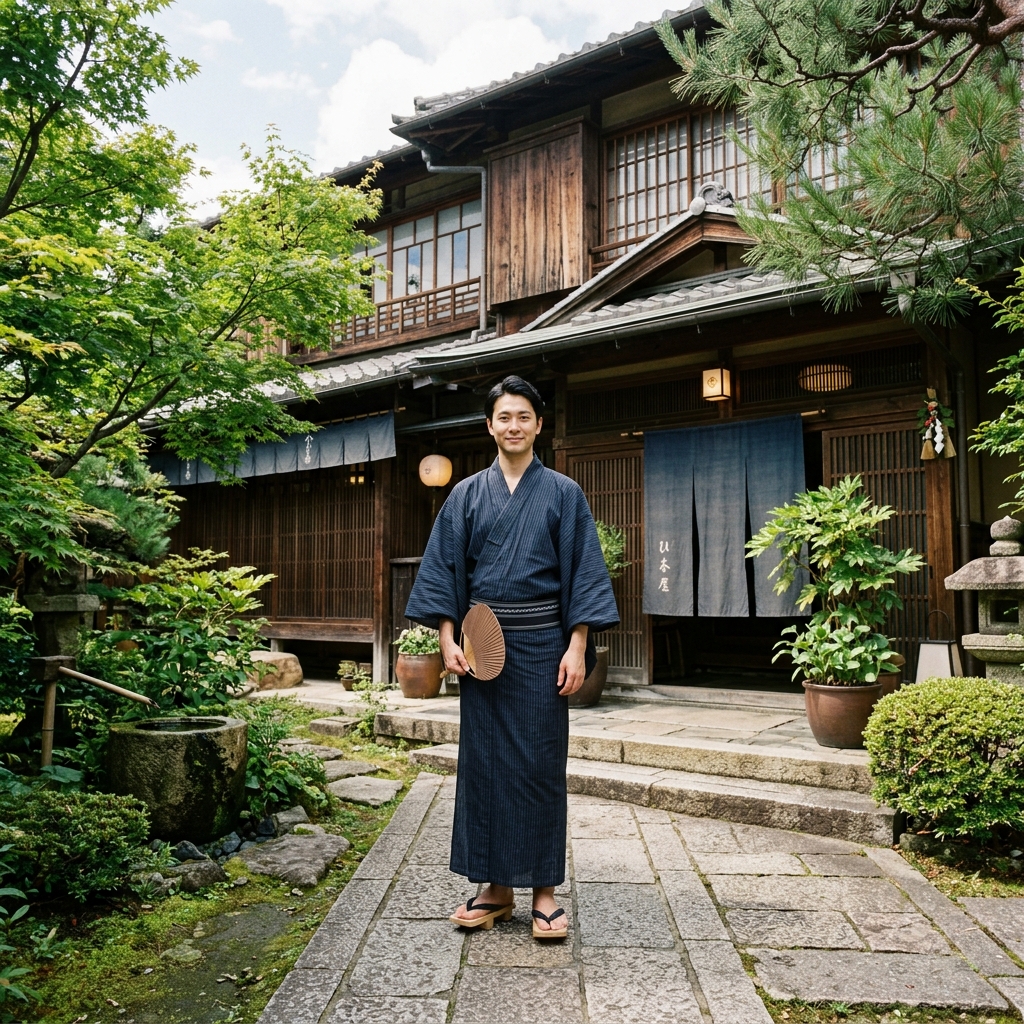 シックな黒いしじら織のメンズ浴衣を着てたたずむ男性の姿
