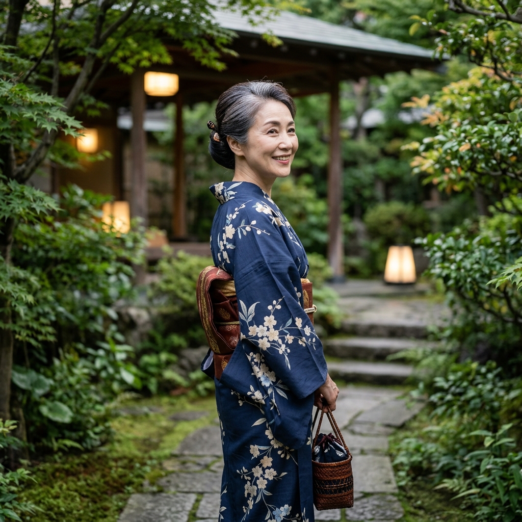 落ち着いた色合いの浴衣を上品に着こなす60代女性の笑顔の後ろ姿のイラスト