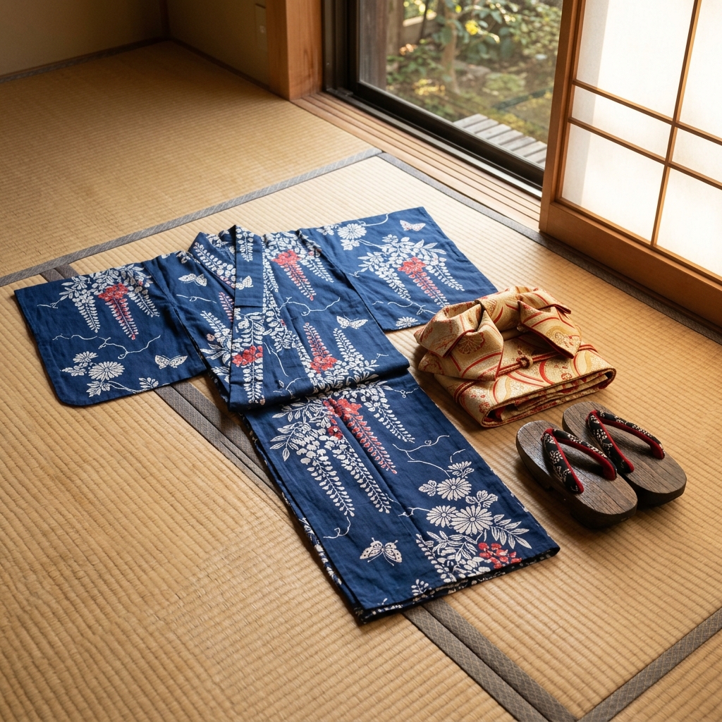 レトロで個性的な古着の浴衣と美しい帯のコーディネートイメージ