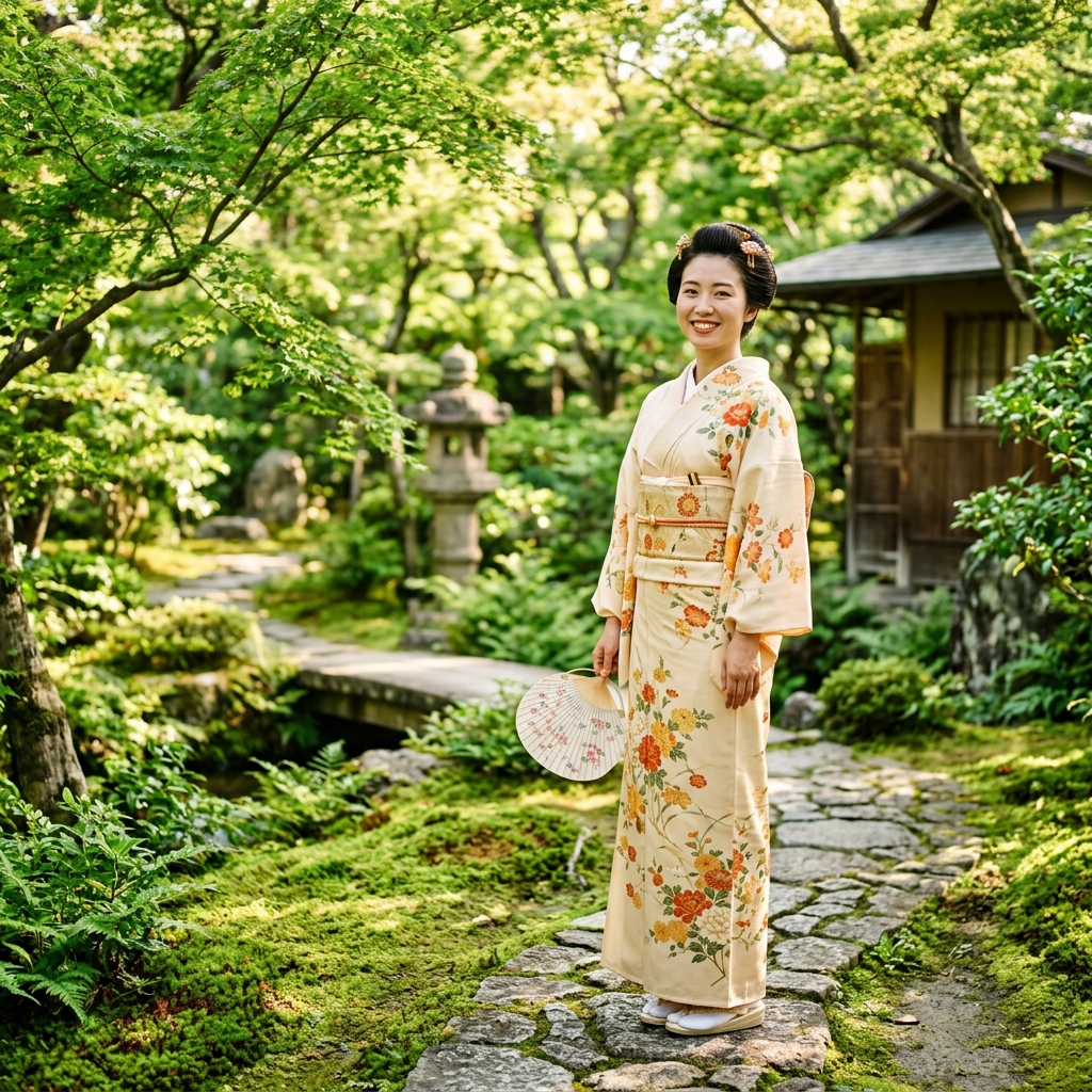 明るいイエローベースの夏着物を着て涼しげに佇む女性のポートレート