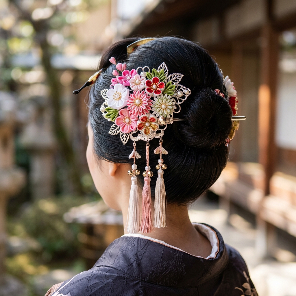歩くたびに揺れるタッセルと上品な花の飾りが付いた一本差しのかんざし