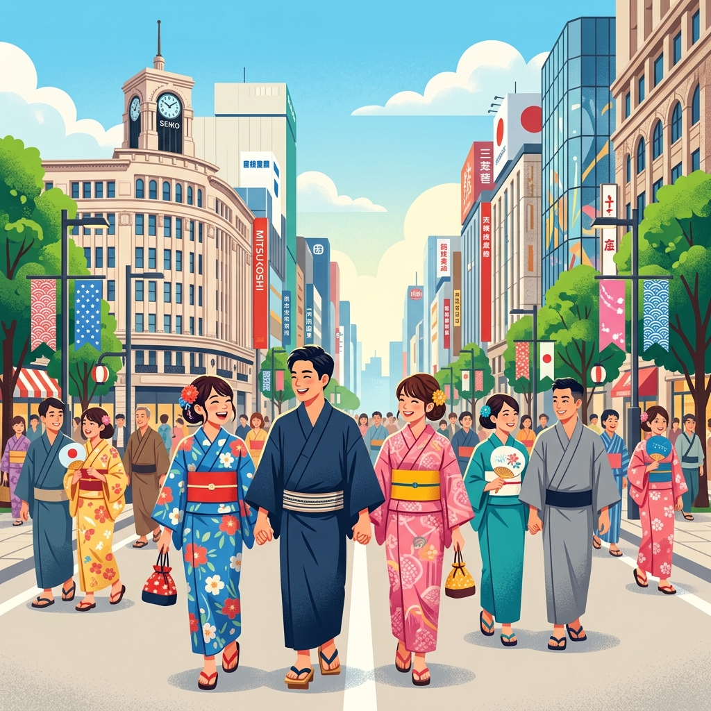 銀座の歩行者天国で浴衣を着て楽しそうに歩く人々のイラスト