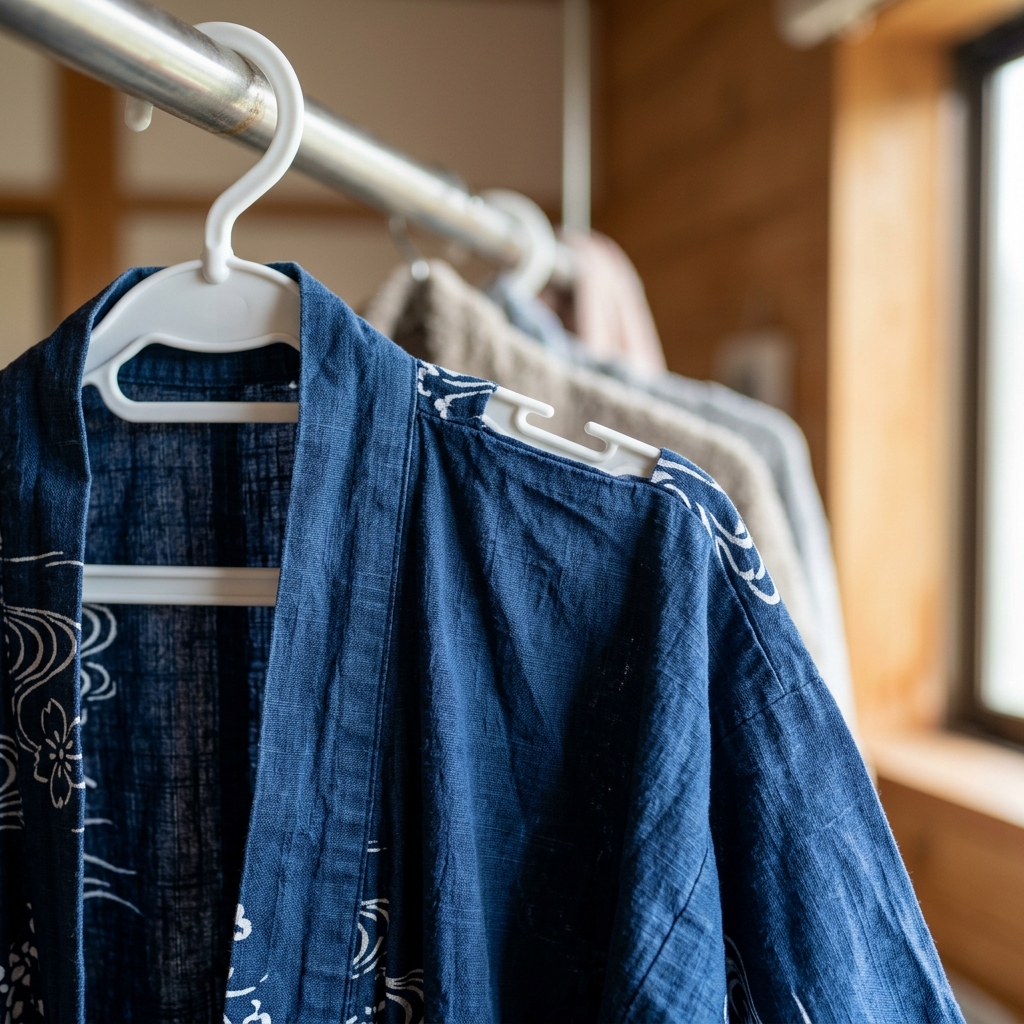 100円ショップの伸縮式バスタオルハンガーに掛けられた浴衣