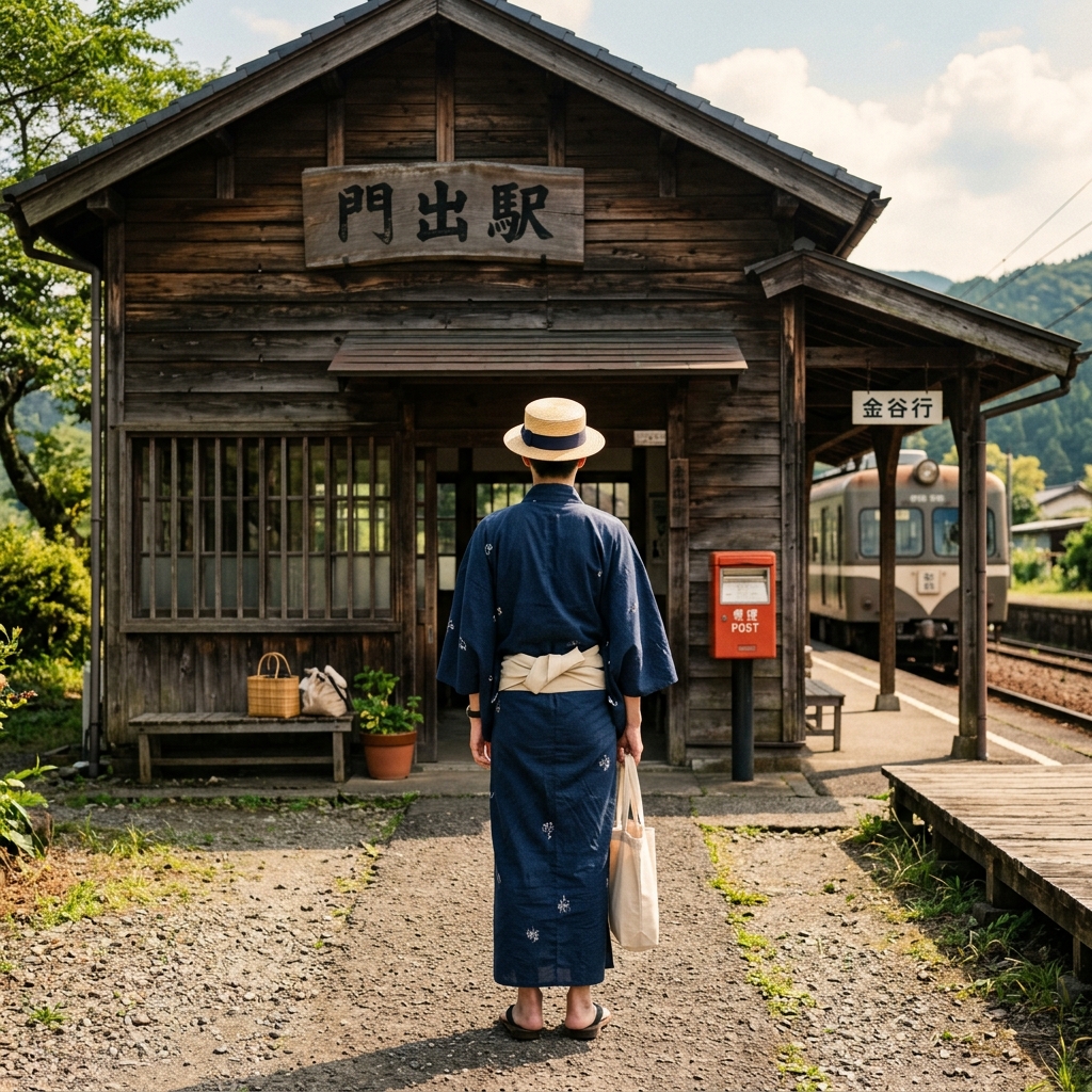アンティークな木造の駅舎の前でカンカン帽を被りシンプルな浴衣姿で佇む若い男性の後ろ姿