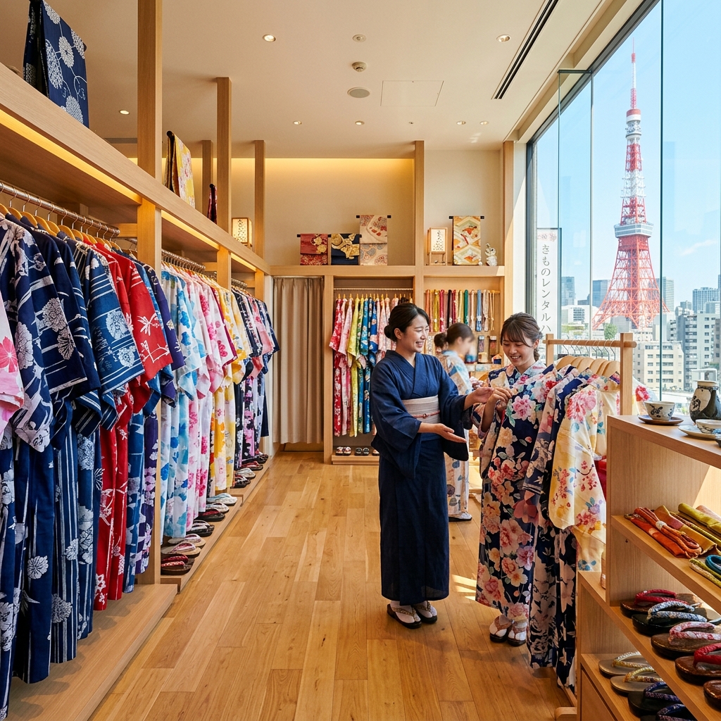 東京タワーの近くにある着物レンタル店の中でたくさんのカラフルな浴衣が綺麗に並んでいてスタッフが親切に対応している様子
