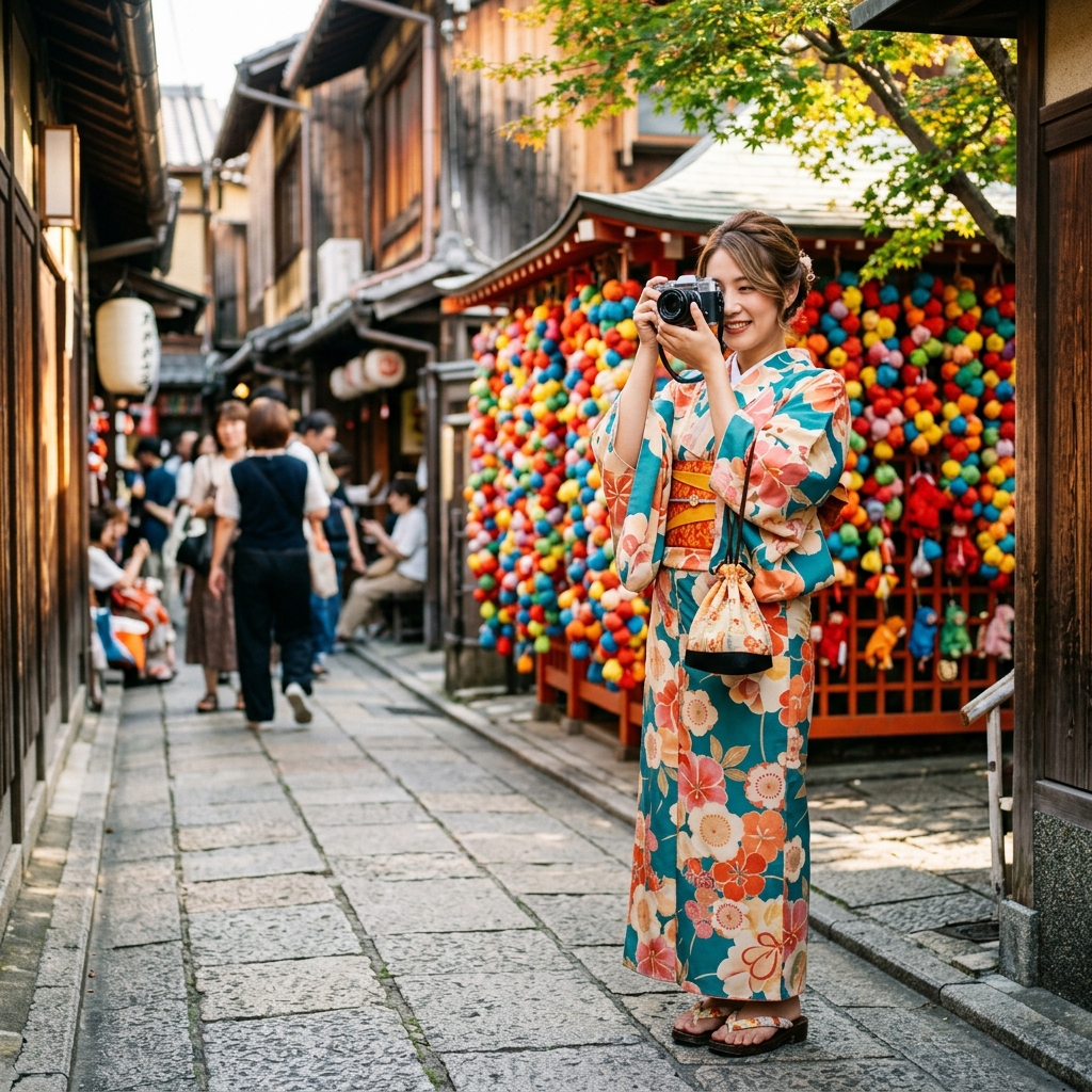 レトロモダンなデザインの夏着物を着た女性が京都の古い街並みで写真を撮っている様子