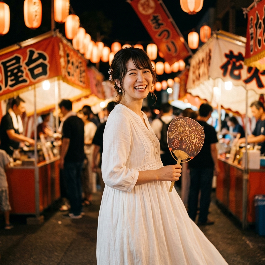 夏祭りの夜店を背景に涼しげな白いロングワンピースを着て微笑む女性の姿