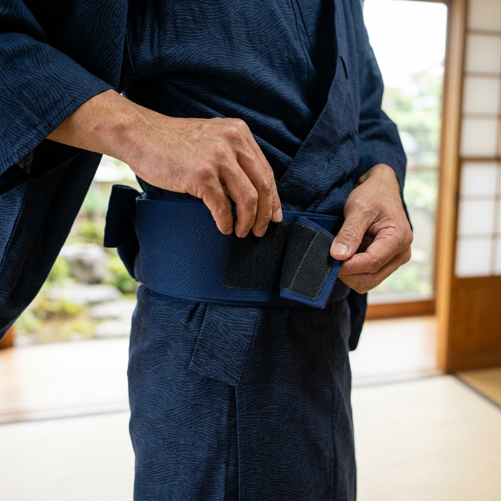 ワンタッチ角帯のマジックテープ部分と簡単な着付け方法の解説図面
