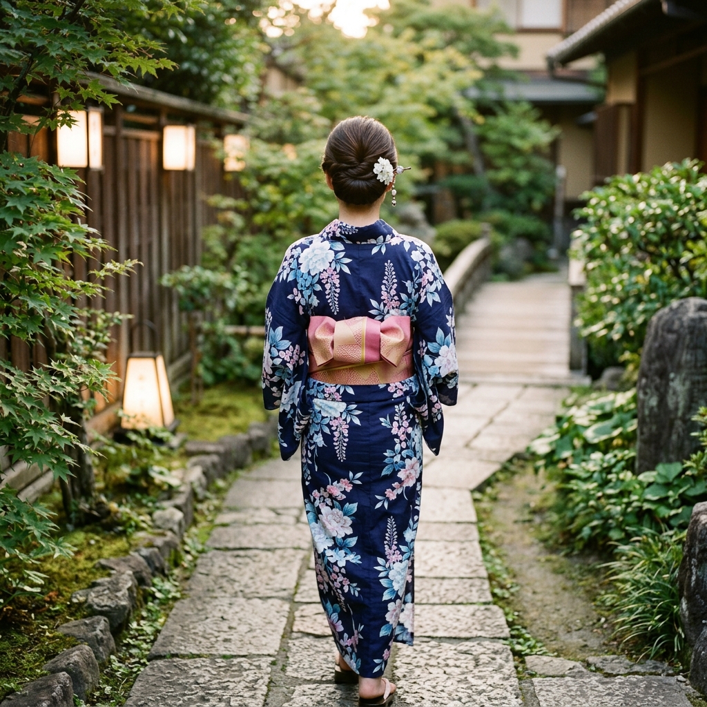浴衣姿に似合う大人っぽいタイトなシニヨンヘアの女性の後ろ姿