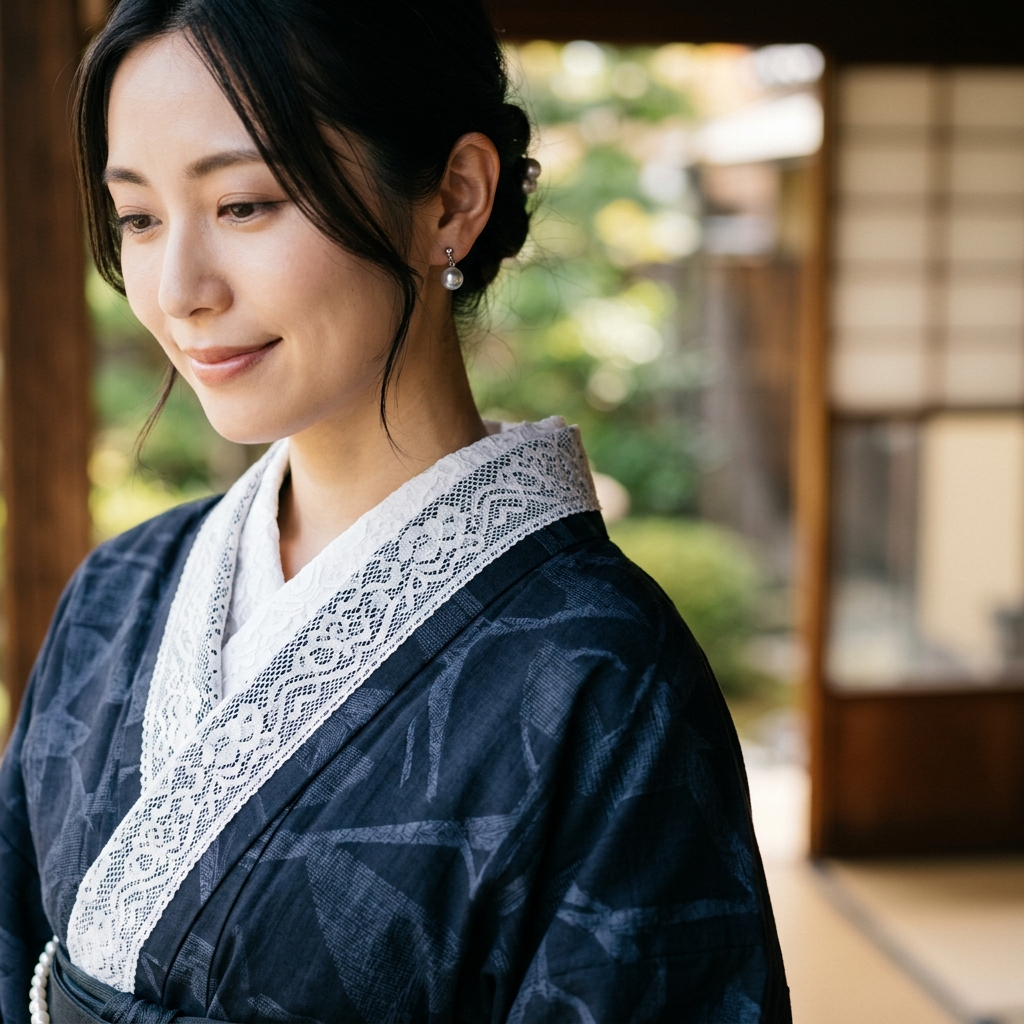 浴衣の衿元に上品なレースインナーを合わせてモダンに着こなした女性 of アップ