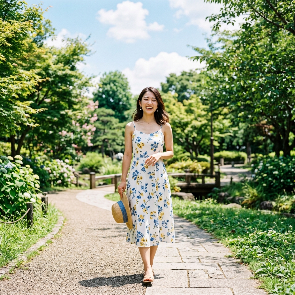 上着を脱いでキャミワンピとしてお出かけする夏の女性のイラスト