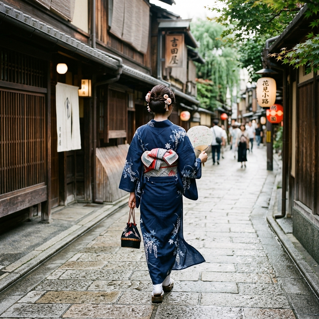 京都の古い街並みを浴衣姿で歩く後ろ姿のイラスト