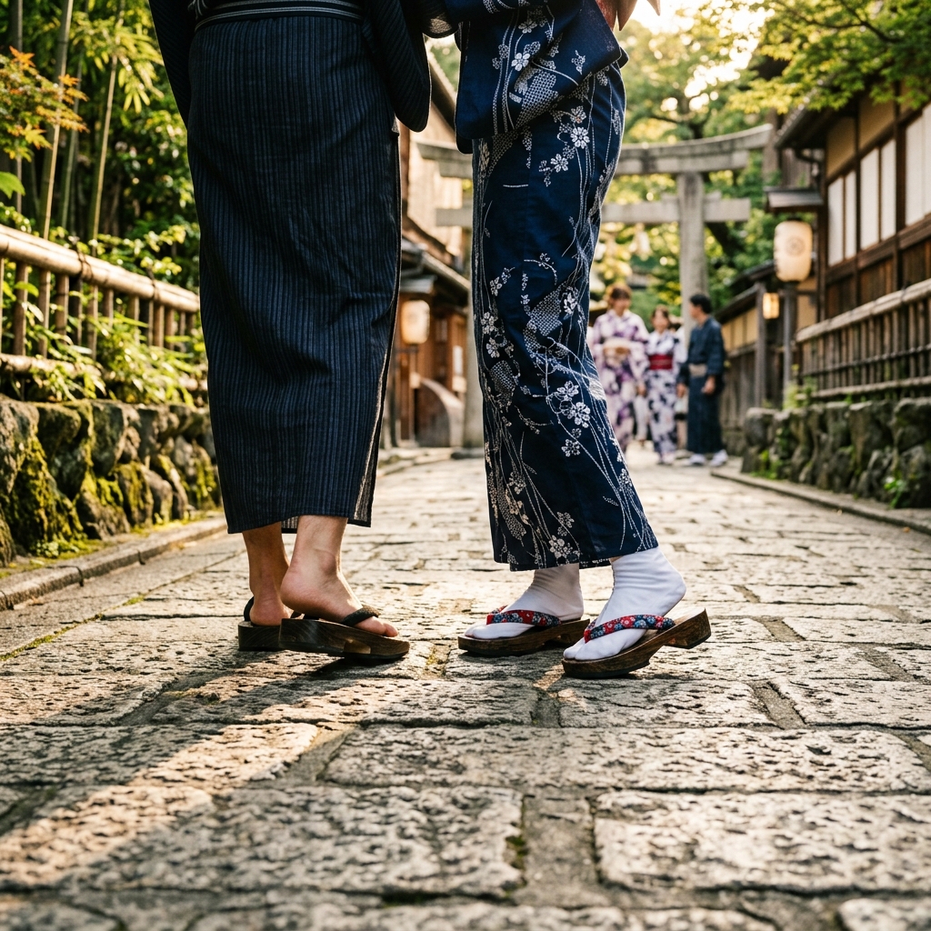 浴衣を着て下駄を履いている人が石畳の上をゆっくりと歩いている上品な足元のクローズアップ写真
