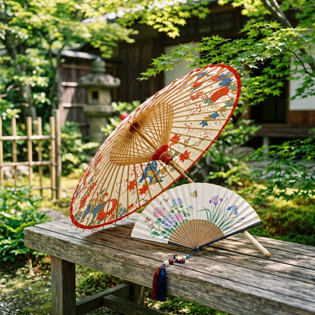 浴衣や夏着物に合わせるおしゃれな和柄の日傘や扇子などの小物のイメージ