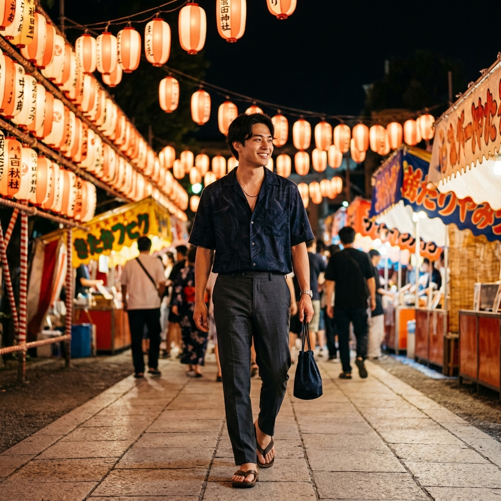 オープンカラーシャツときれいめスラックスをスマートに着こなす男性の夏祭りコーディネート