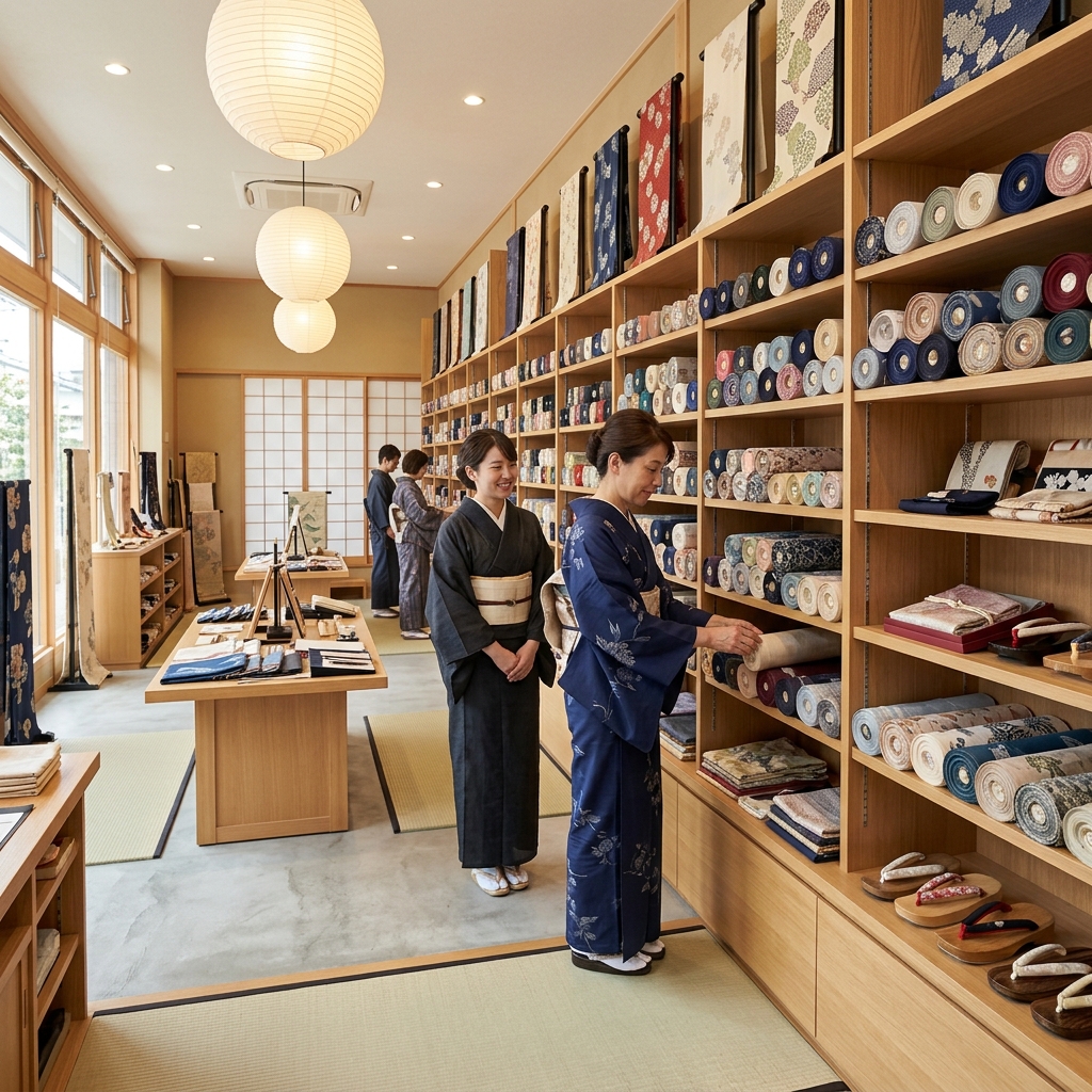 ネット通販や専門店の浴衣反物アウトレットセール会場のイメージイラスト